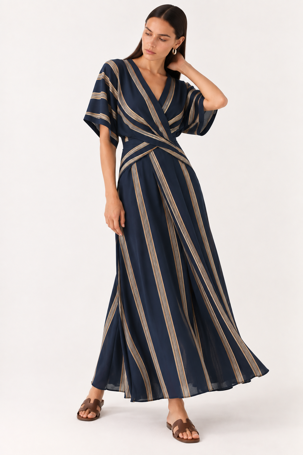 Striped Wrap Half Sleeve Maxi Dress - FELLAURA