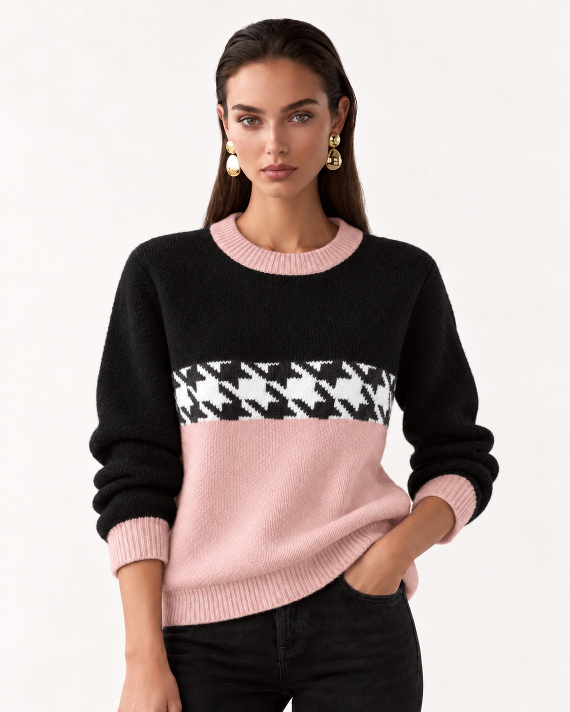 Houndstooth Pattern Color Block Sweater