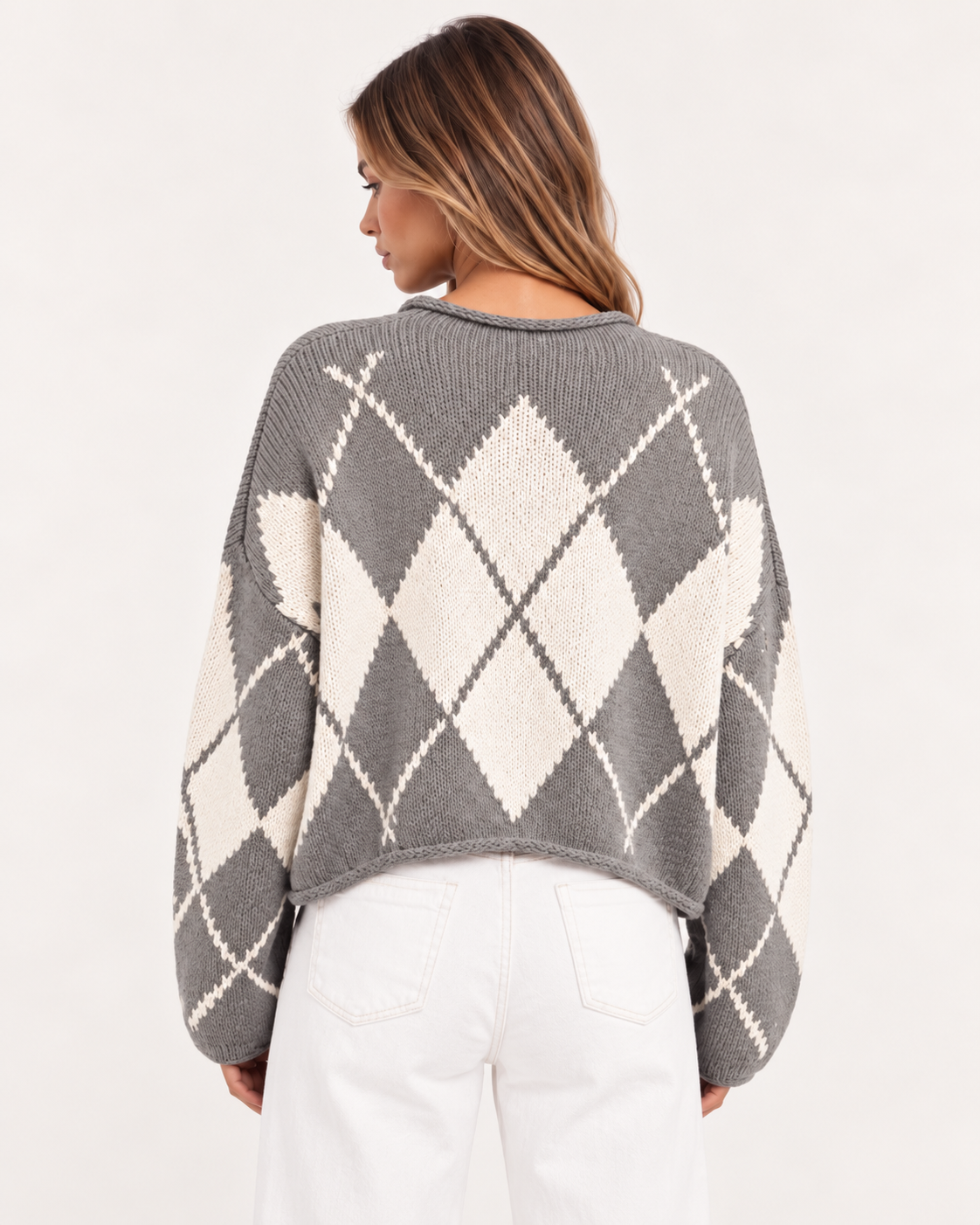 Argyle Pattern Knit Dropped Shoulder Sweater - FELLAURA