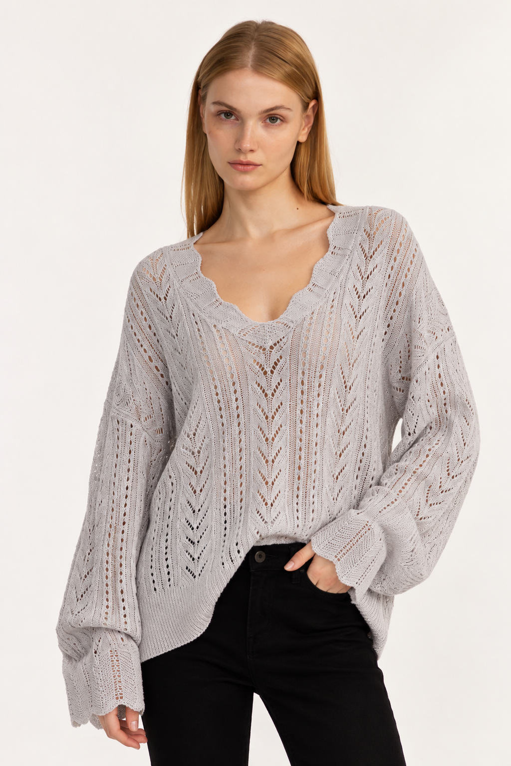 Openwork V-Neck One Size Sweater - FELLAURA
