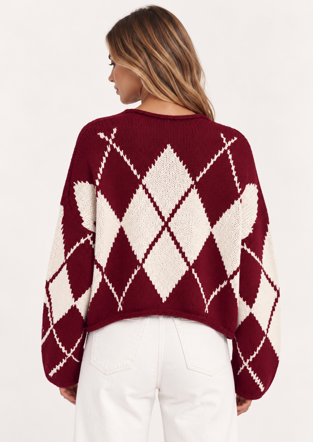 Argyle Pattern Knit Dropped Shoulder Sweater - FELLAURA