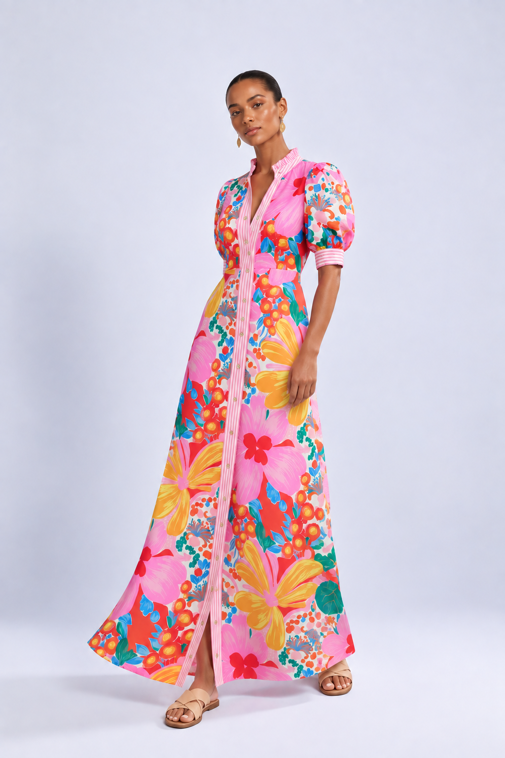 Floral Print Striped Trim Button Down Short Sleeve Maxi Dress