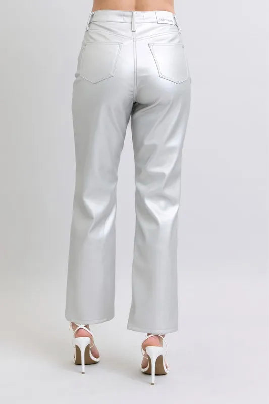 Judy Blue Full Size High Waist Silver Faux Leather Pants Plus Size - FELLAURA