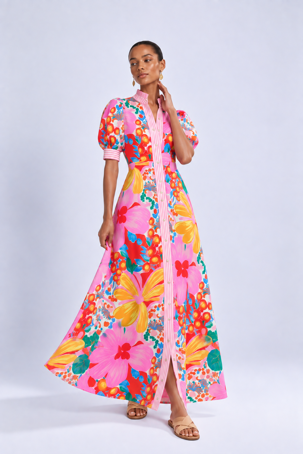 Floral Print Striped Trim Button Down Short Sleeve Maxi Dress