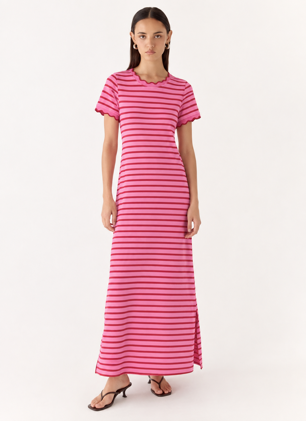 Stripe Striped Short Sleeve Scalloped Trim Side Slit Maxi Tee Dress - FELLAURA