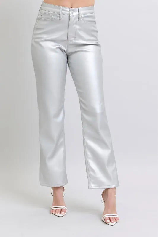 Judy Blue Full Size High Waist Silver Faux Leather Pants Plus Size - FELLAURA