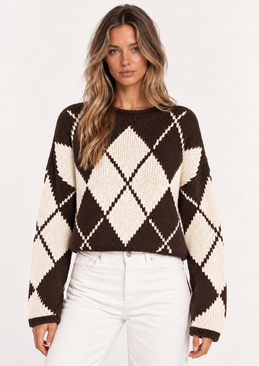 Argyle Pattern Knit Dropped Shoulder Sweater - FELLAURA