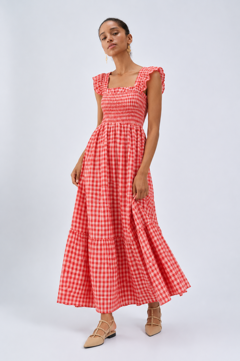 Full Size Gingham Smocked Ruffle Maxi Dress Plus Size - FELLAURA