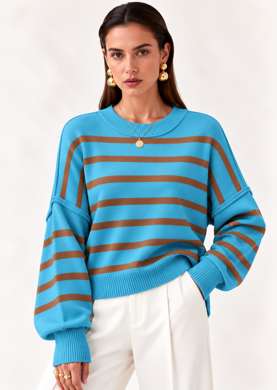 Crew Neck Dropped Shoulder Sweater - FELLAURA