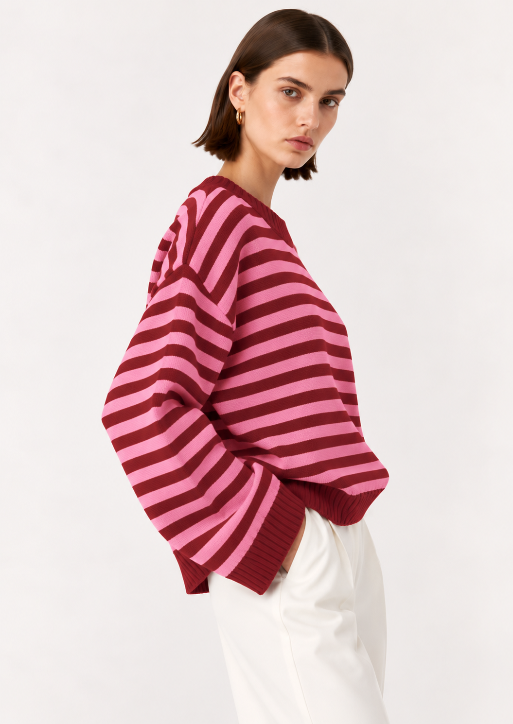 Ribbed Striped Dropped Shoulder Sweater - FELLAURA