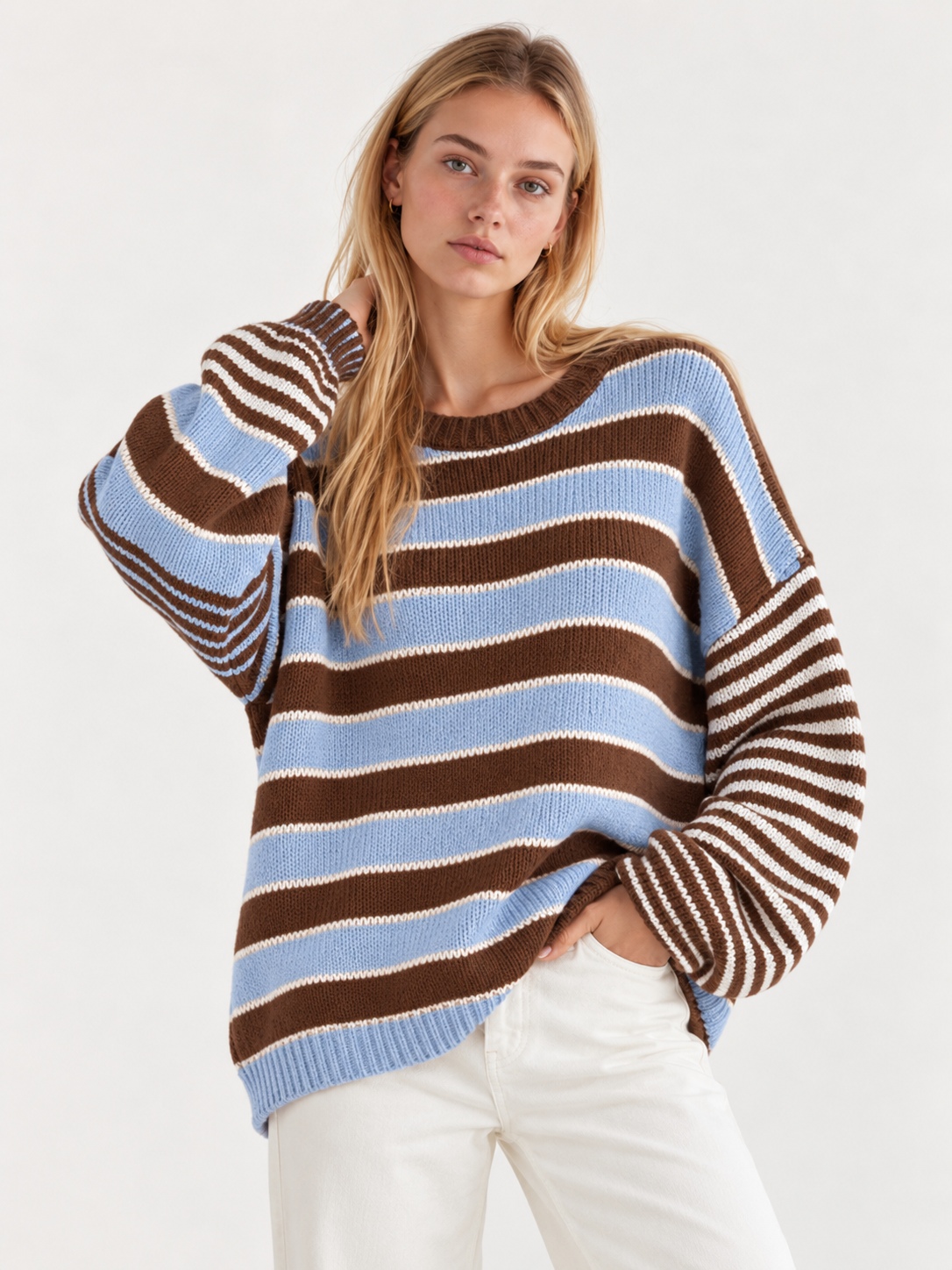 Oversized Striped Distressed Sweater - FELLAURA