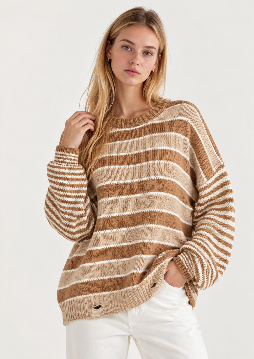 Oversized Striped Distressed Sweater - FELLAURA