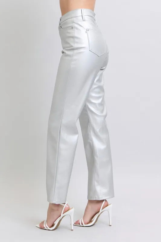 Judy Blue Full Size High Waist Silver Faux Leather Pants Plus Size - FELLAURA
