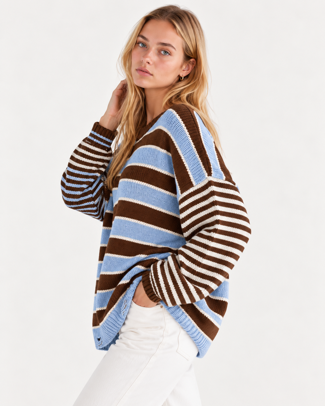 Oversized Striped Distressed Sweater - FELLAURA