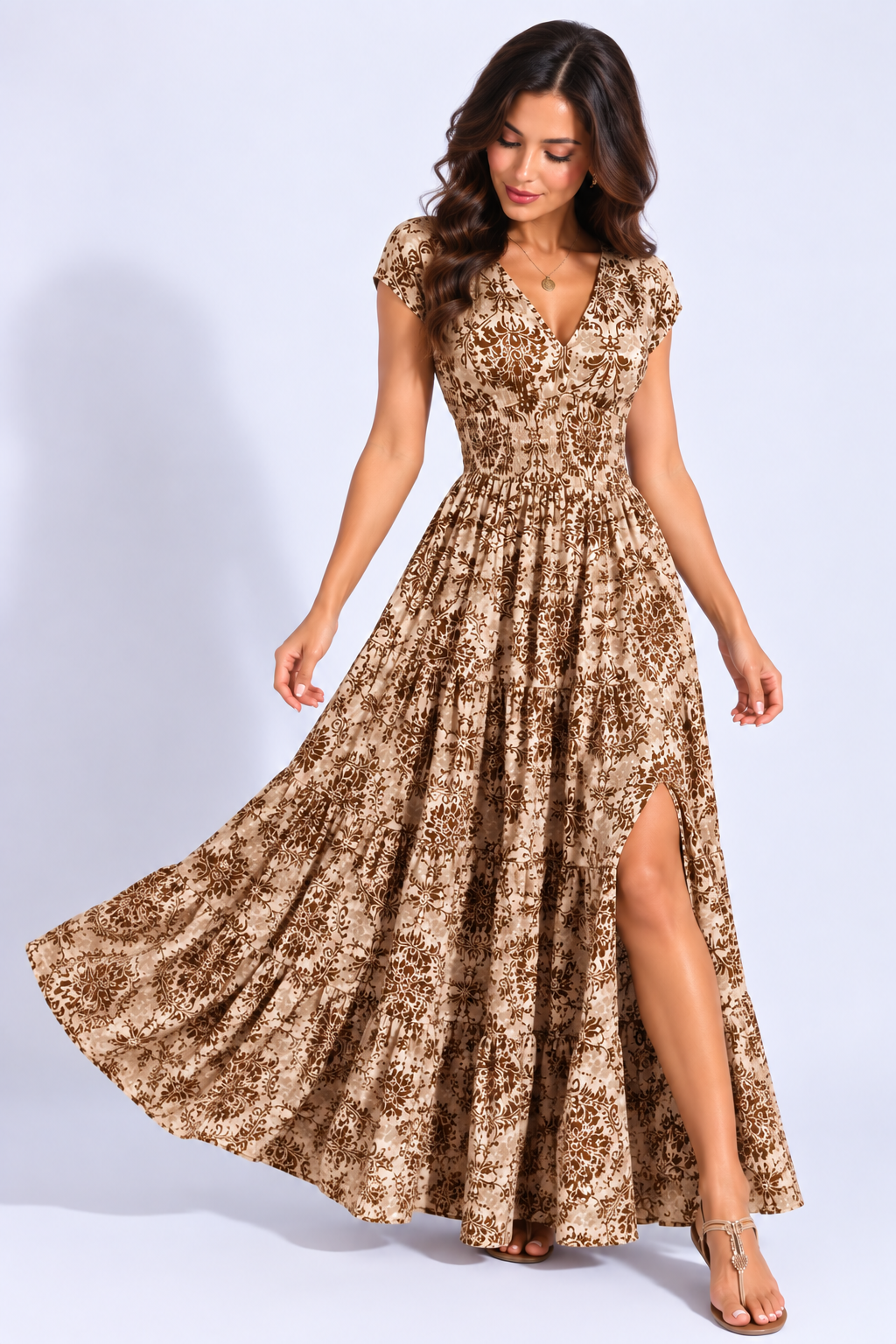 Printed Cap Sleeve Maxi Dress