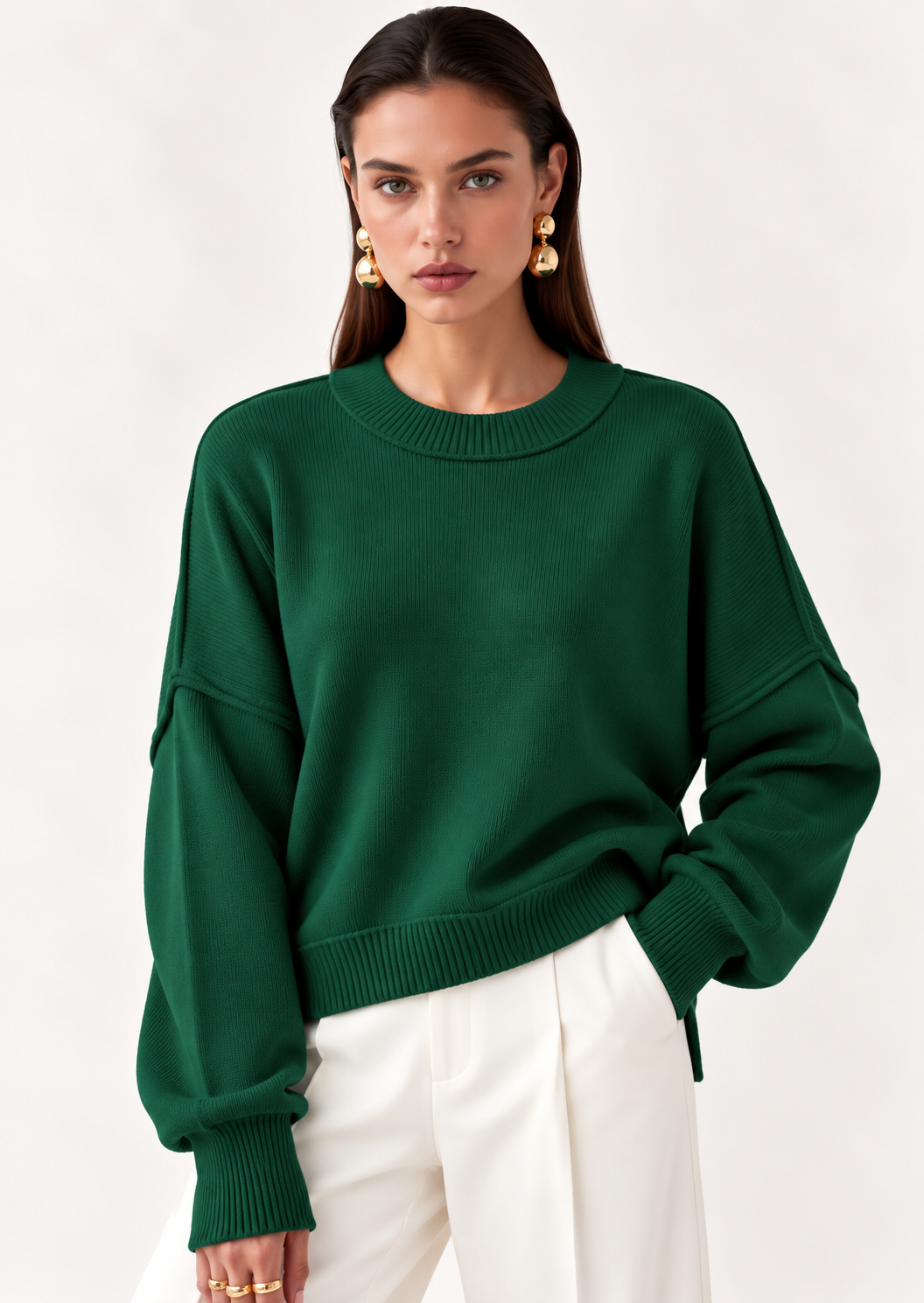 Crew Neck Dropped Shoulder Sweater - FELLAURA