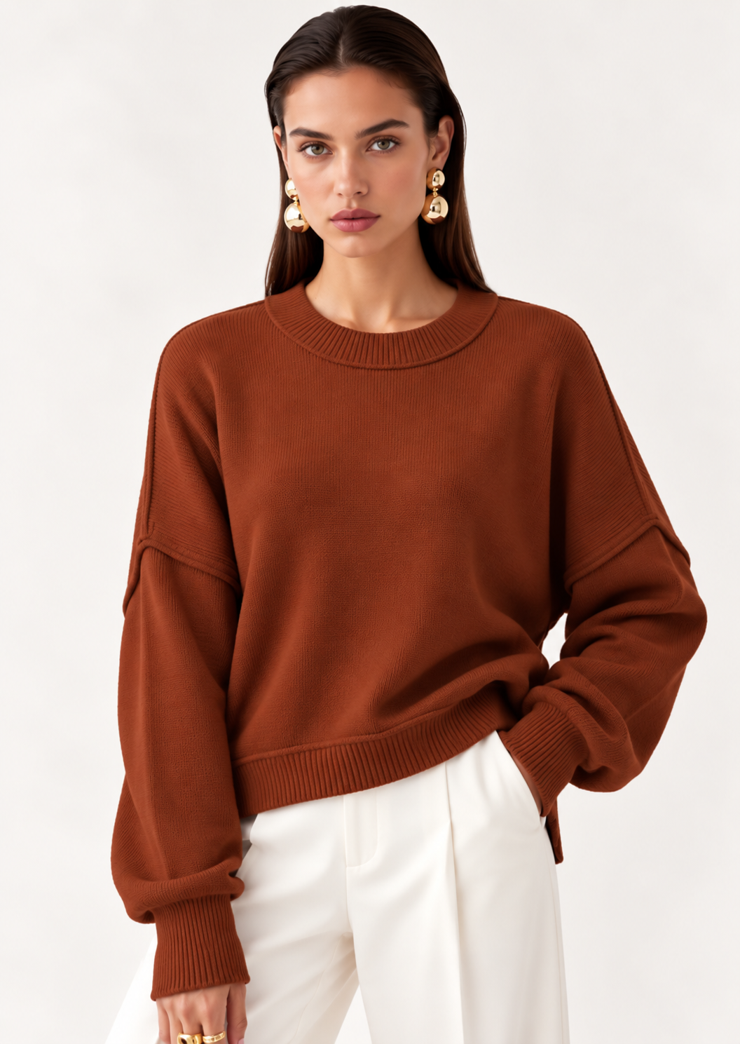 Crew Neck Dropped Shoulder Sweater - FELLAURA