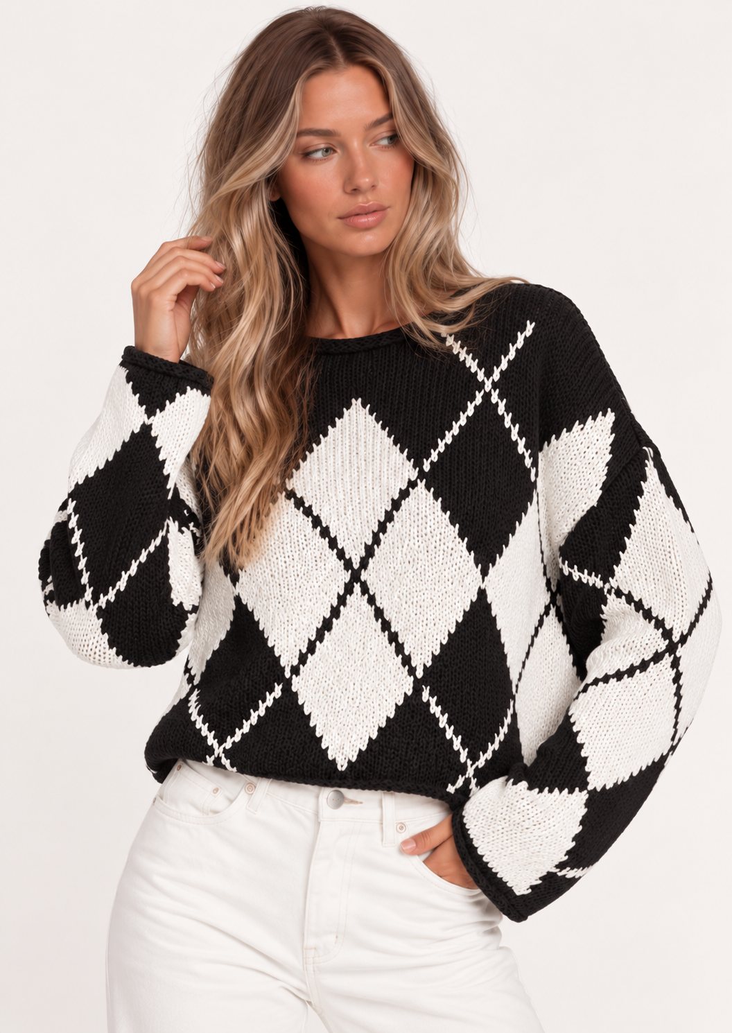 Argyle Pattern Knit Dropped Shoulder Sweater - FELLAURA