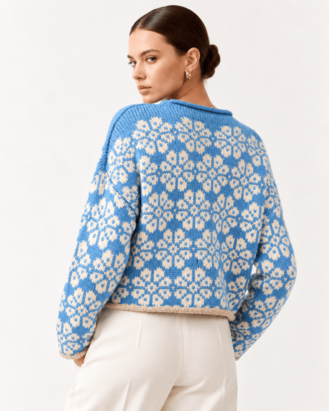 Floral Contrast Trim Dropped Shoulder Sweater - FELLAURA