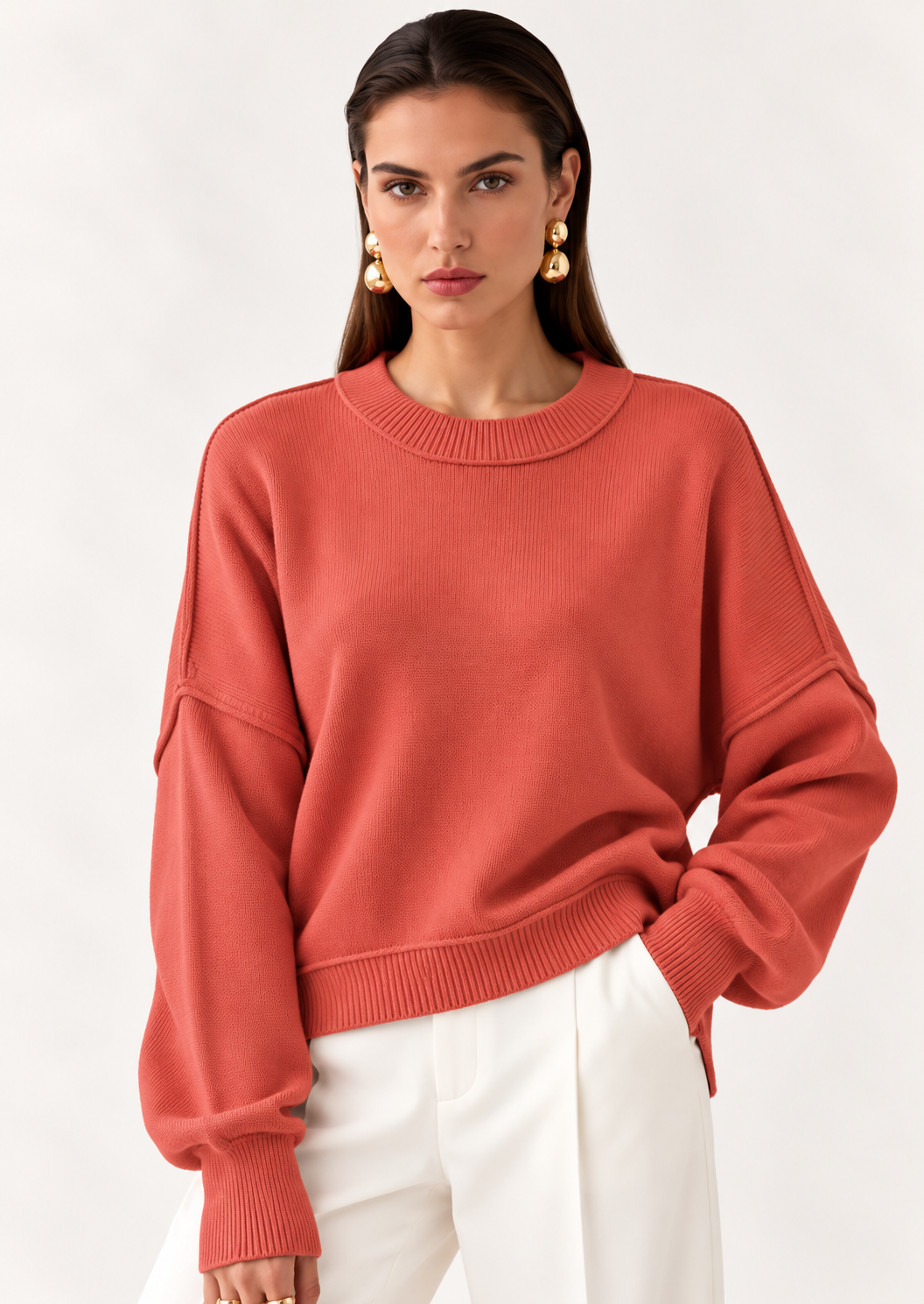 Crew Neck Dropped Shoulder Sweater - FELLAURA