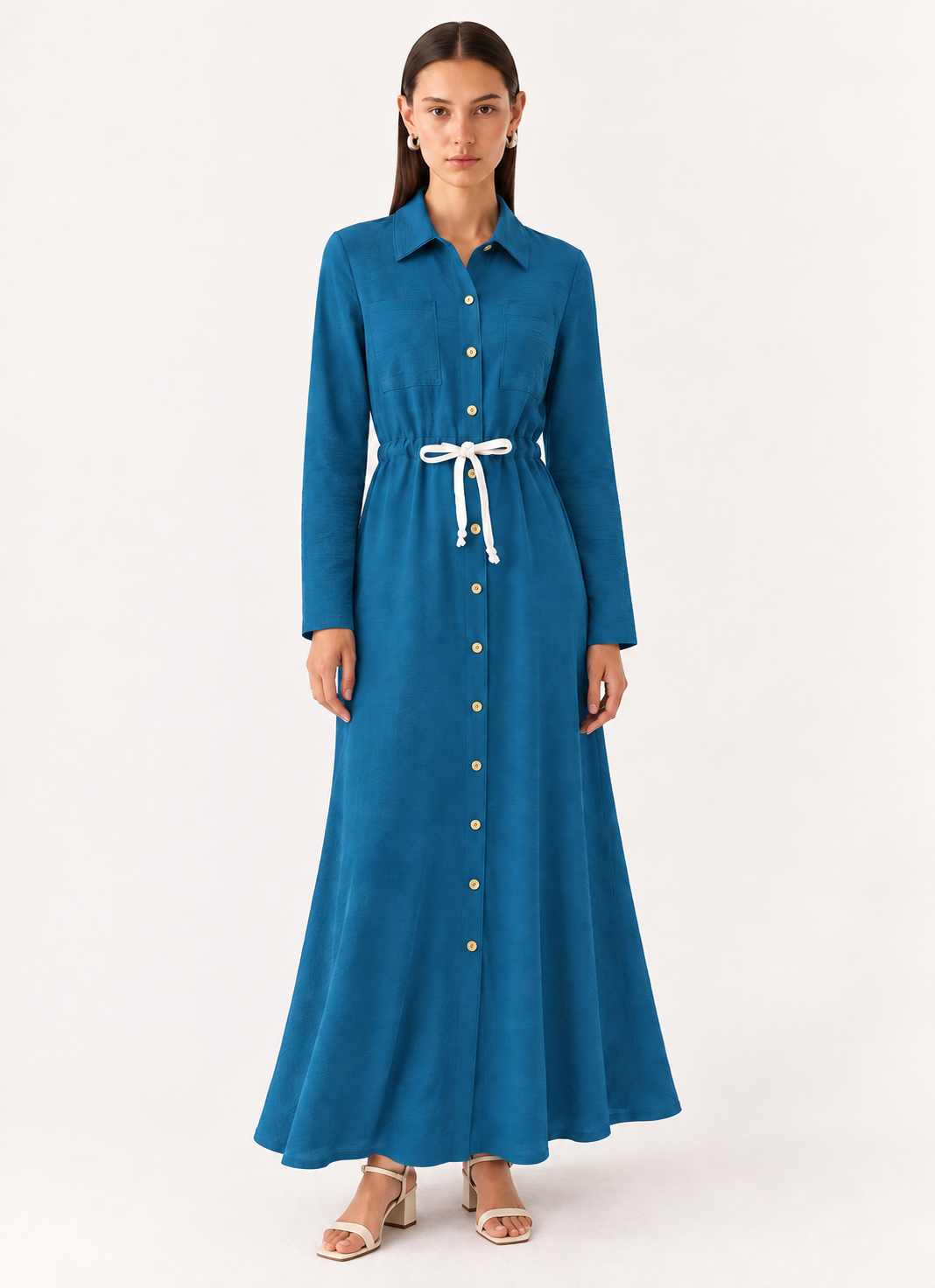 Elegant Button-Down Long Sleeve Dress - FELLAURA