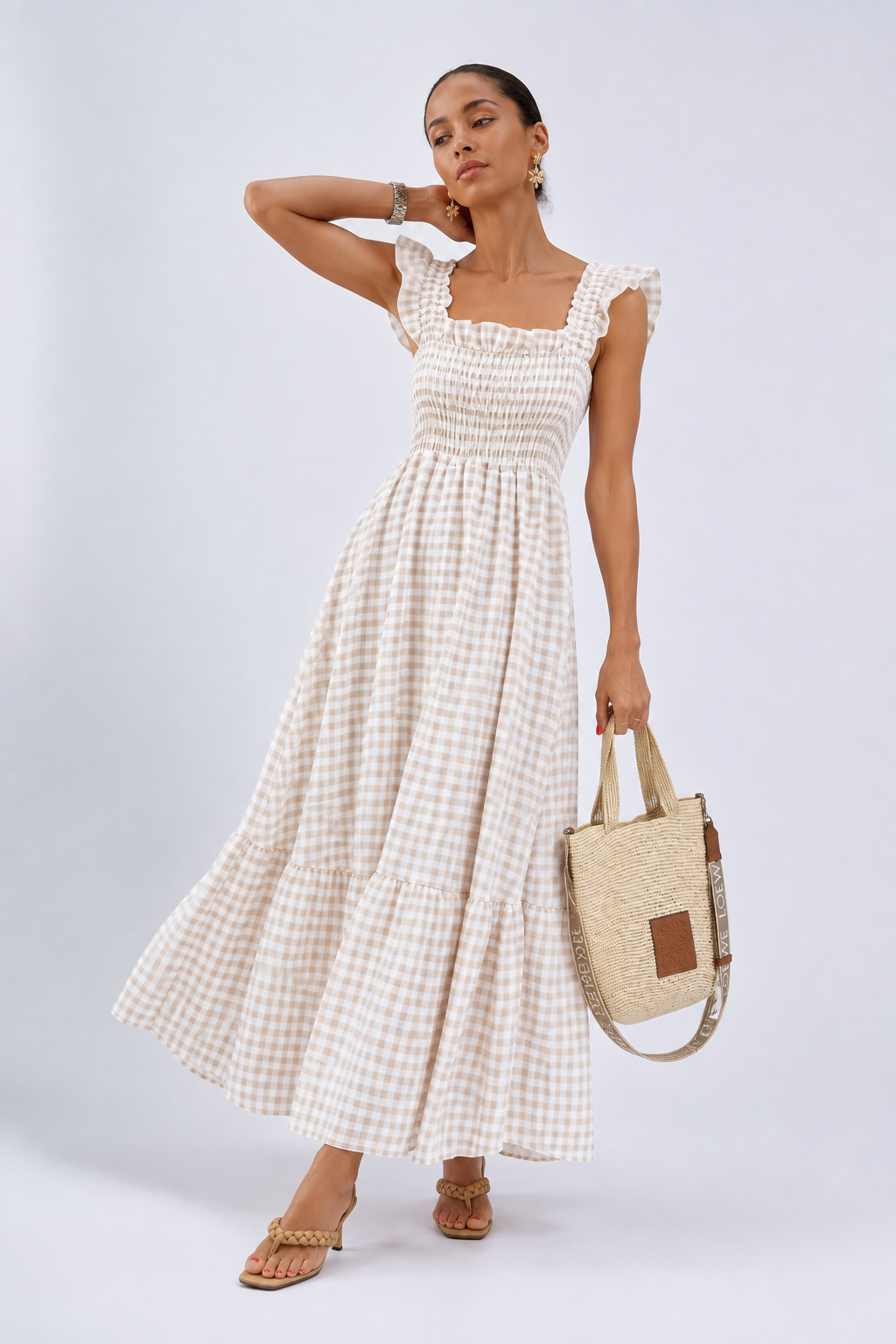 Full Size Gingham Smocked Ruffle Maxi Dress Plus Size - FELLAURA