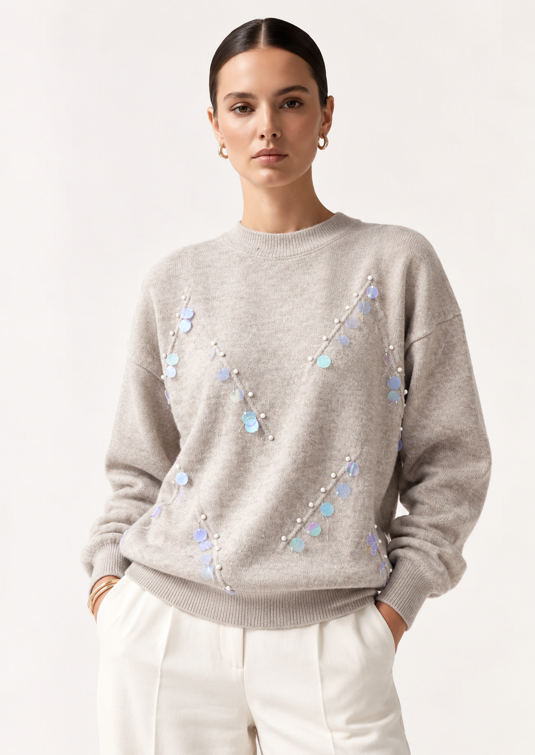 Sequined Embellished Round Neck Sweater