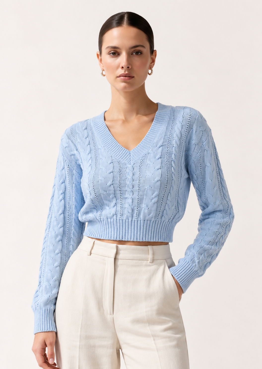 Elegant Cable-Knit Cropped Sweater - FELLAURA