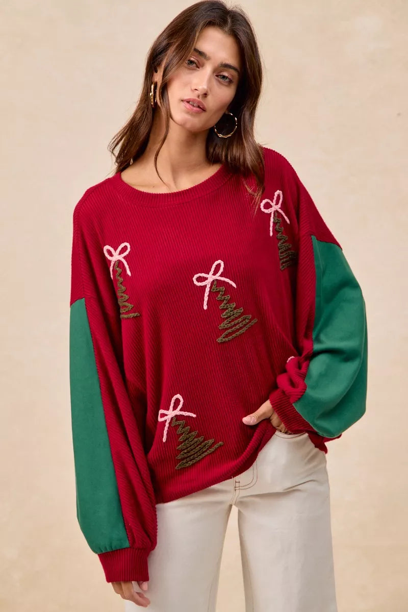 BiBi Christmas Theme Tree Embroidered Sweater - FELLAURA