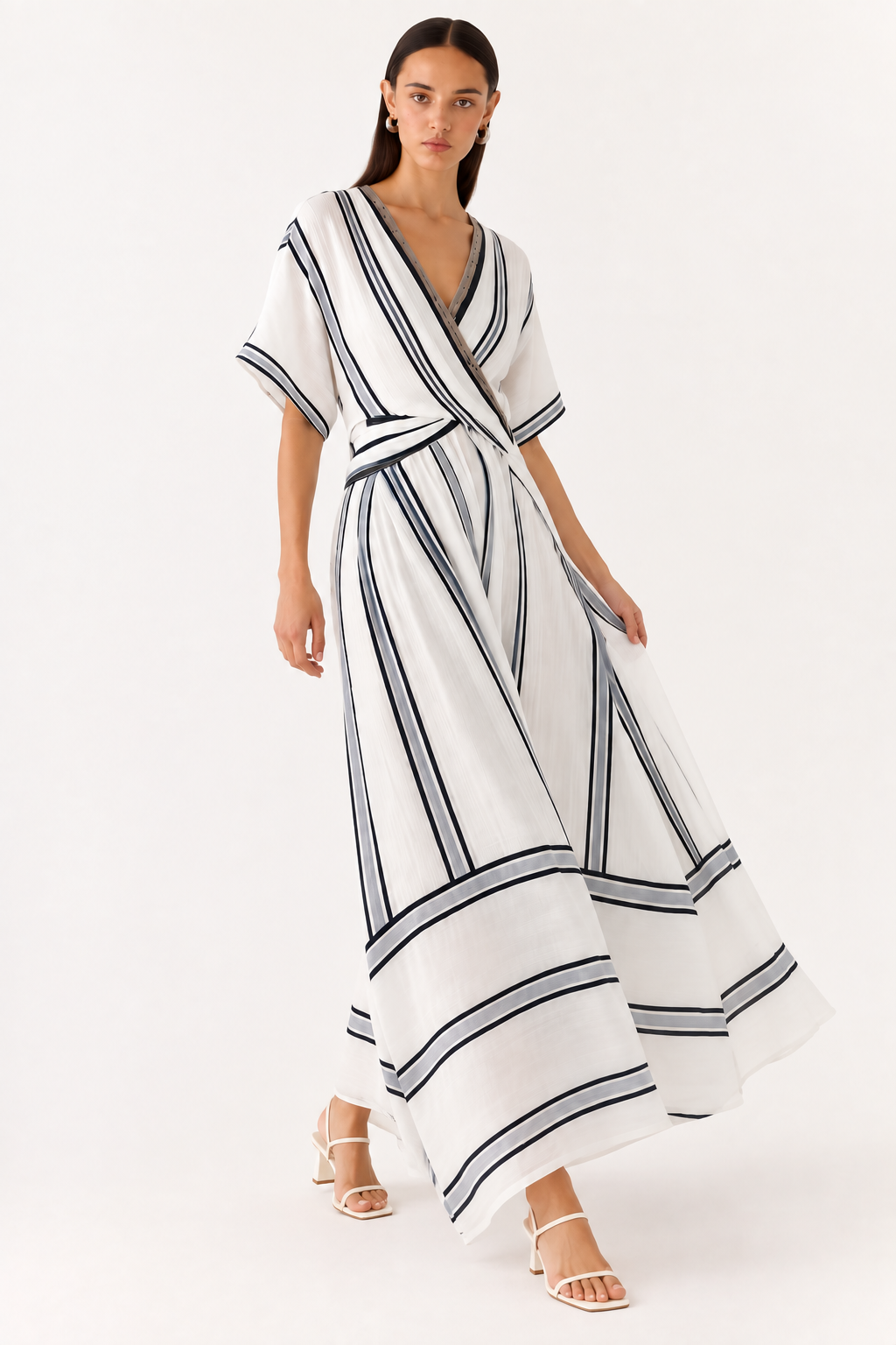 Striped Wrap Half Sleeve Maxi Dress - FELLAURA