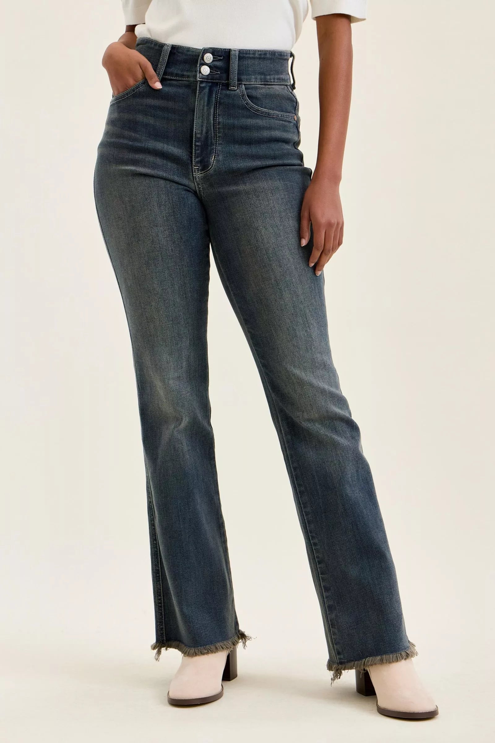 Judy Blue High Waist Double Button Frayed Hem Jeans - FELLAURA