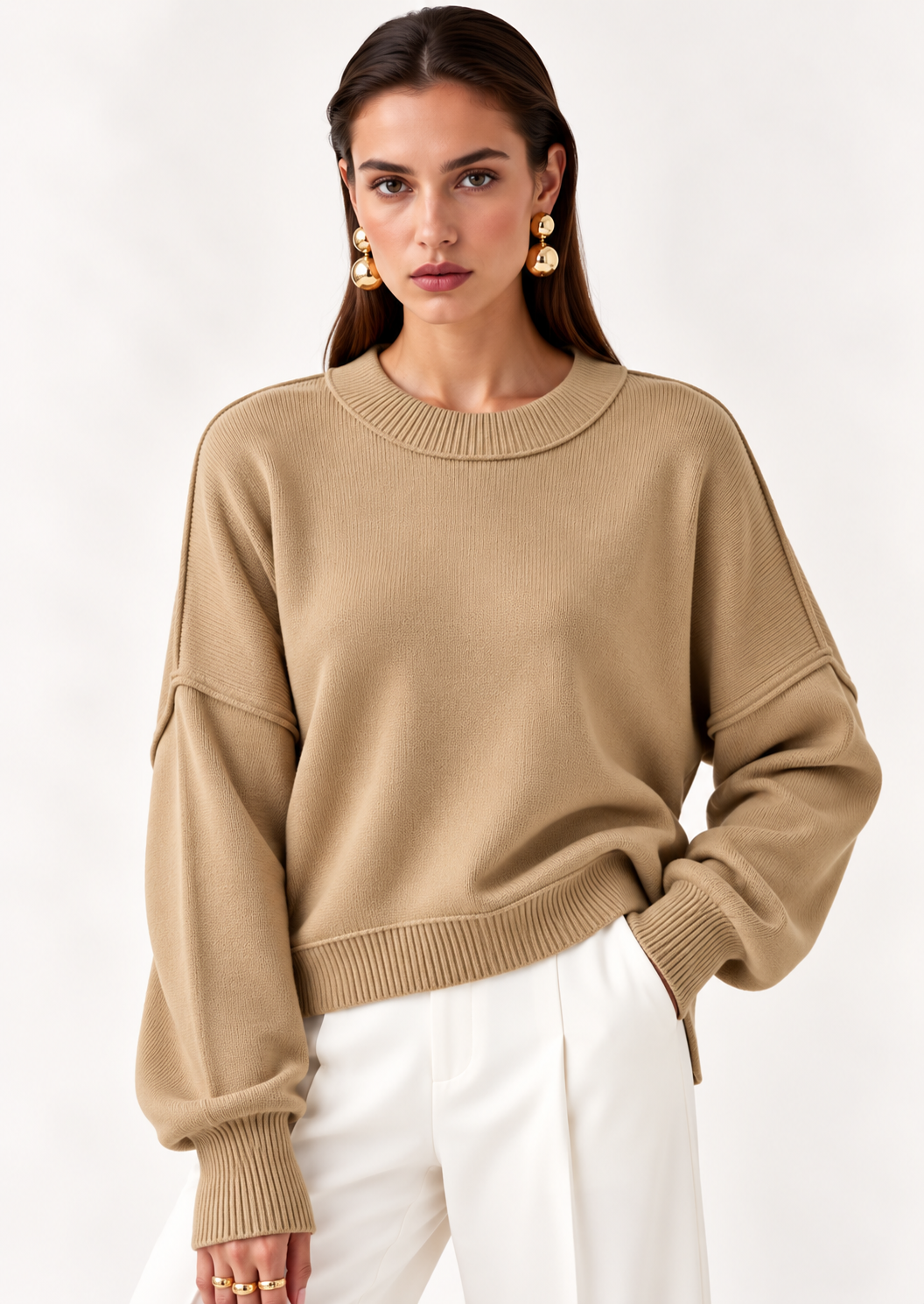 Crew Neck Dropped Shoulder Sweater - FELLAURA