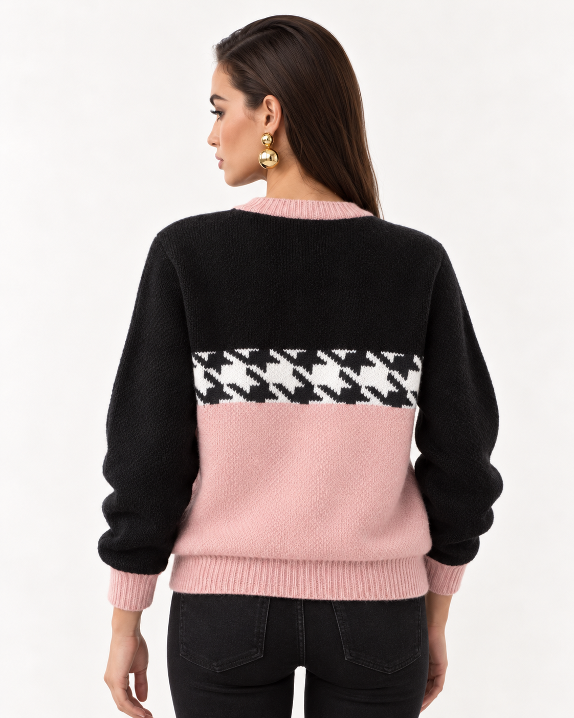 Houndstooth Pattern Color Block Sweater