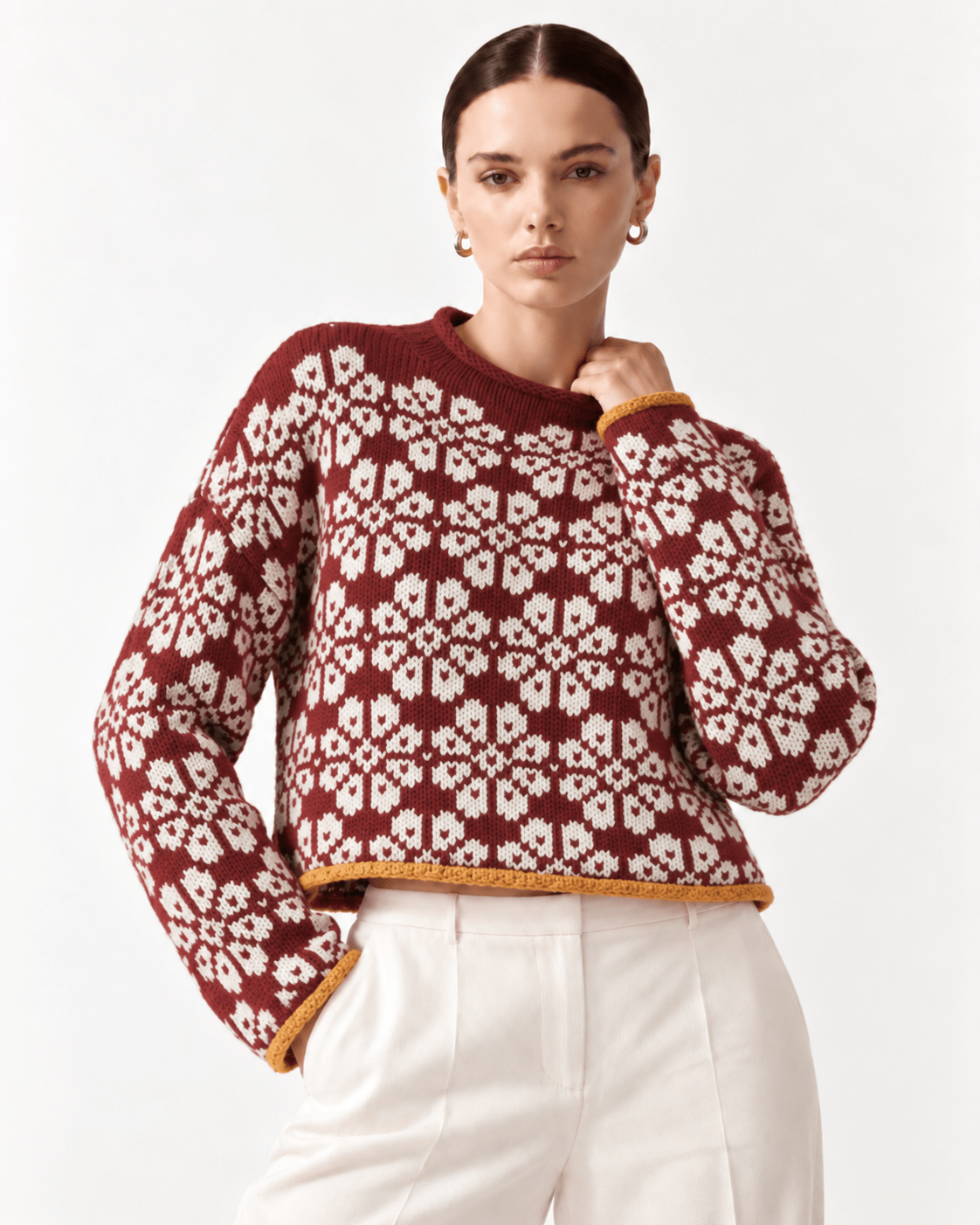 Floral Contrast Trim Dropped Shoulder Sweater - FELLAURA