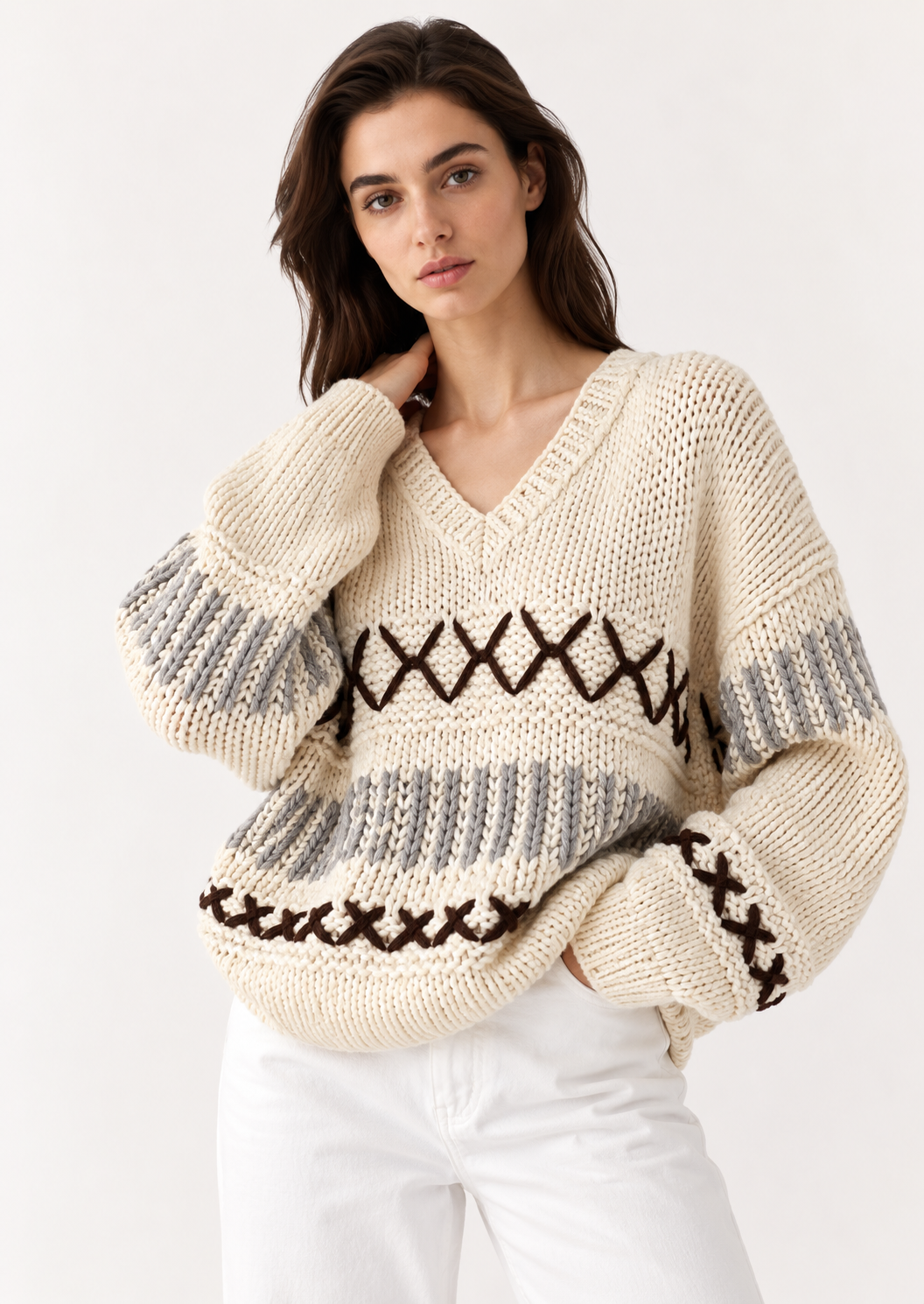 V-Neck Knit Long Sleeve Sweater - FELLAURA