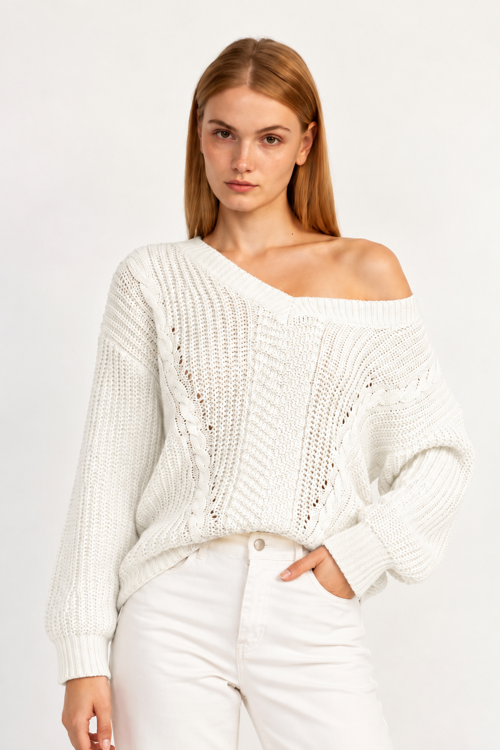 Classic Cable-Knit V-Neck Sweater - FELLAURA