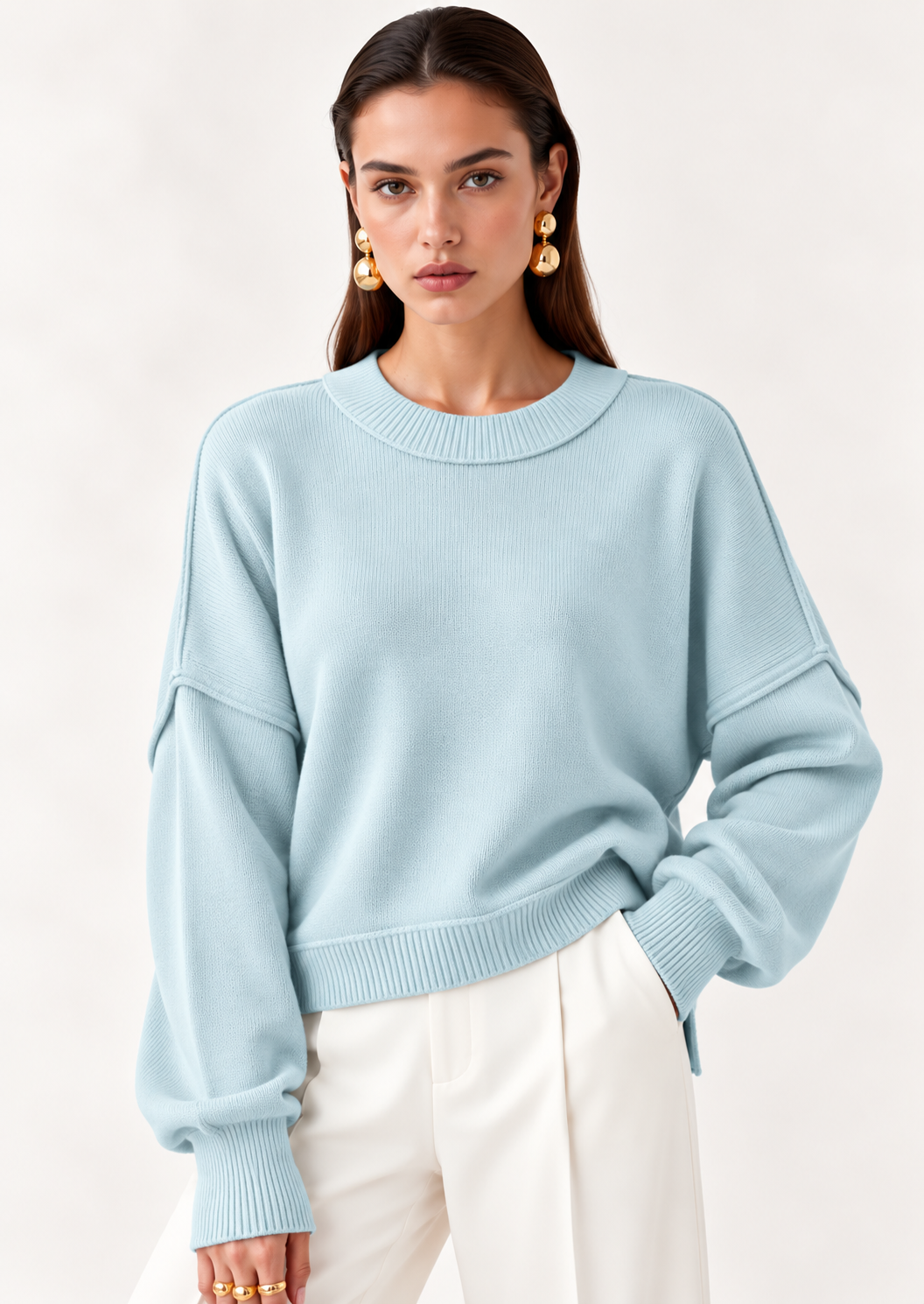 Crew Neck Dropped Shoulder Sweater - FELLAURA