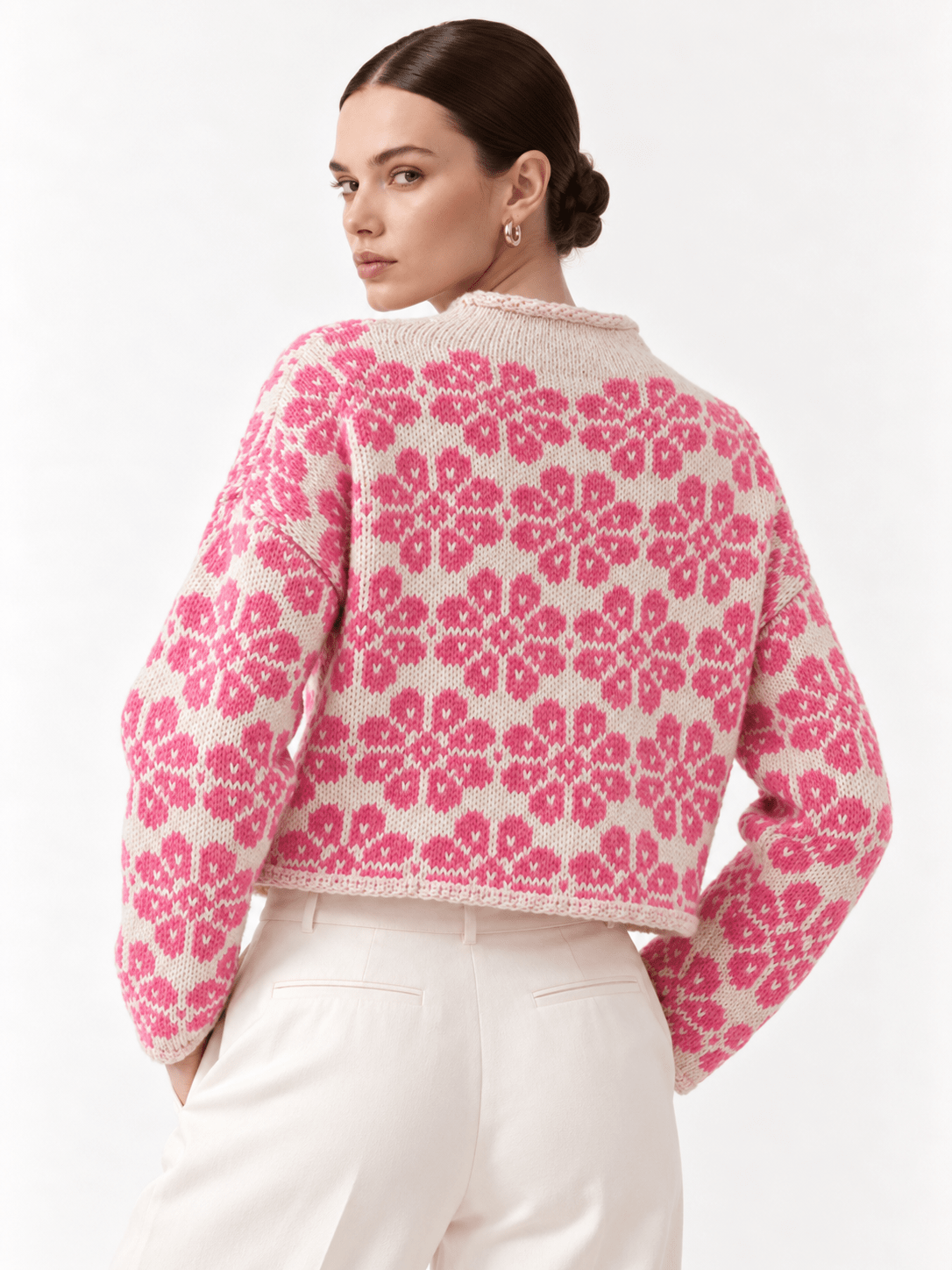 Floral Contrast Trim Dropped Shoulder Sweater - FELLAURA