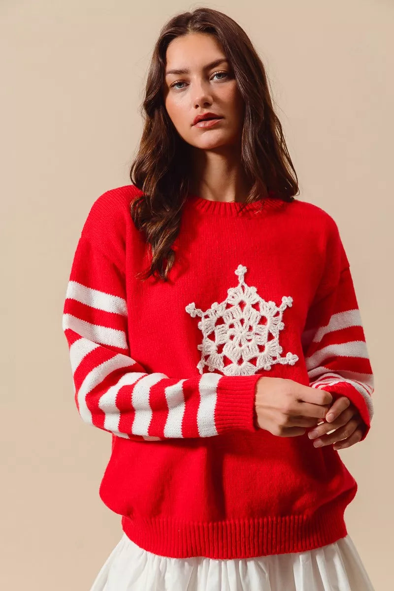 SO ME Christmas Snowflake Crochet Embellished Sweater - FELLAURA