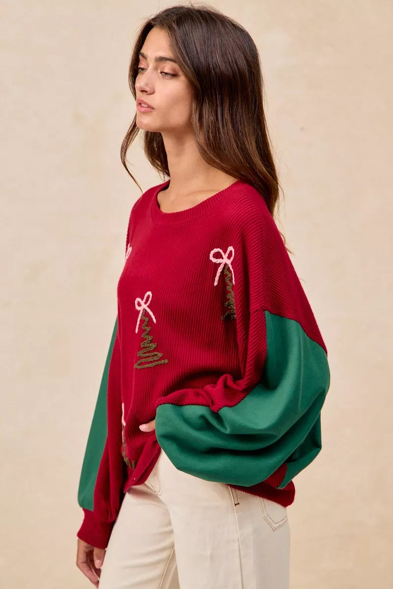 BiBi Christmas Theme Tree Embroidered Sweater - FELLAURA