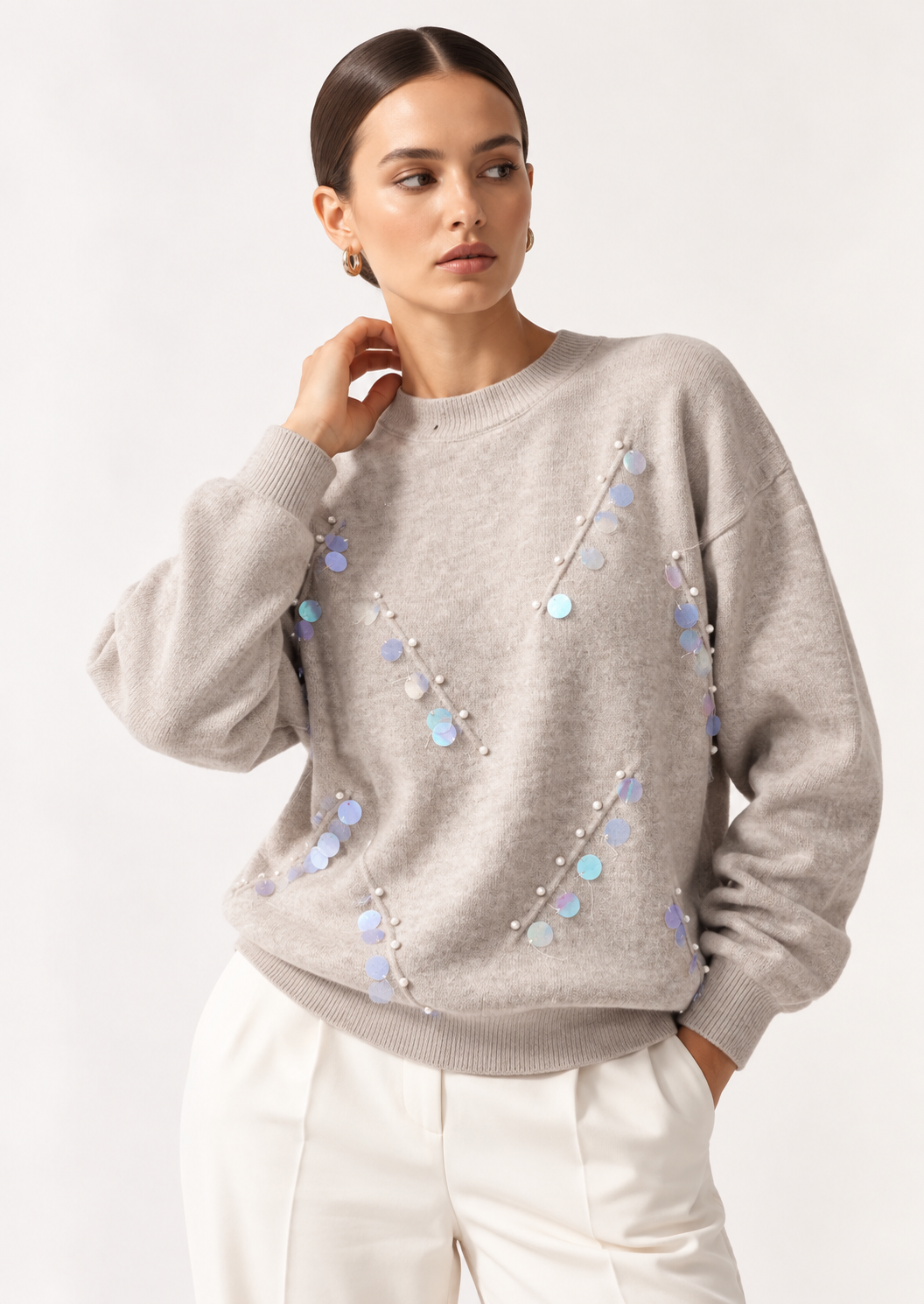 Sequined Embellished Round Neck Sweater