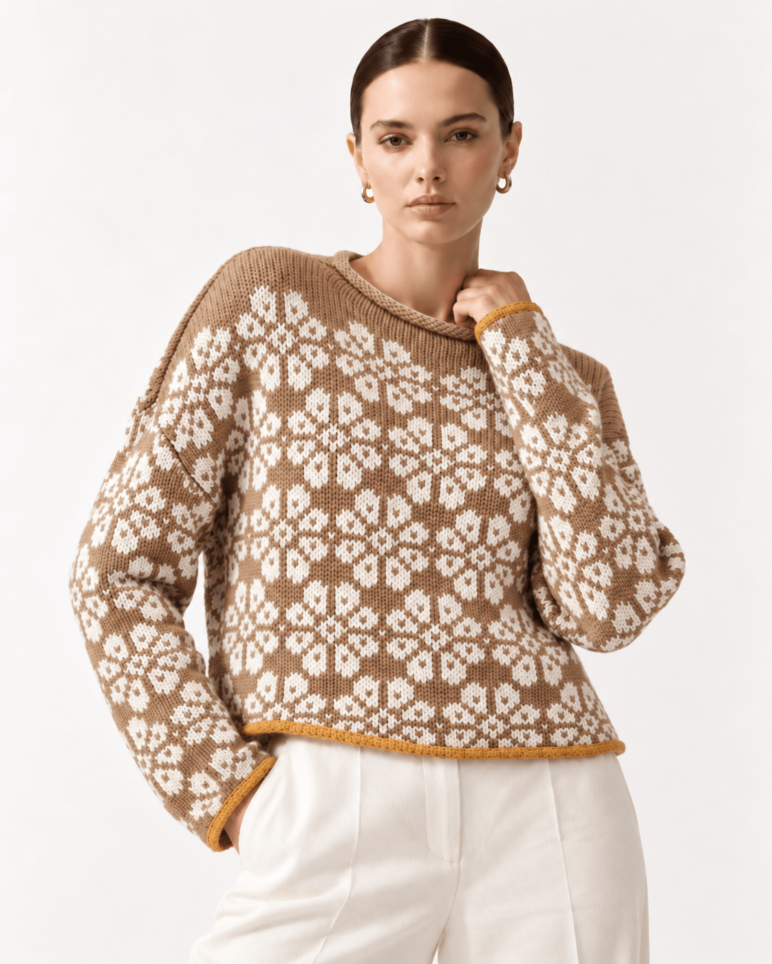 Floral Contrast Trim Dropped Shoulder Sweater - FELLAURA