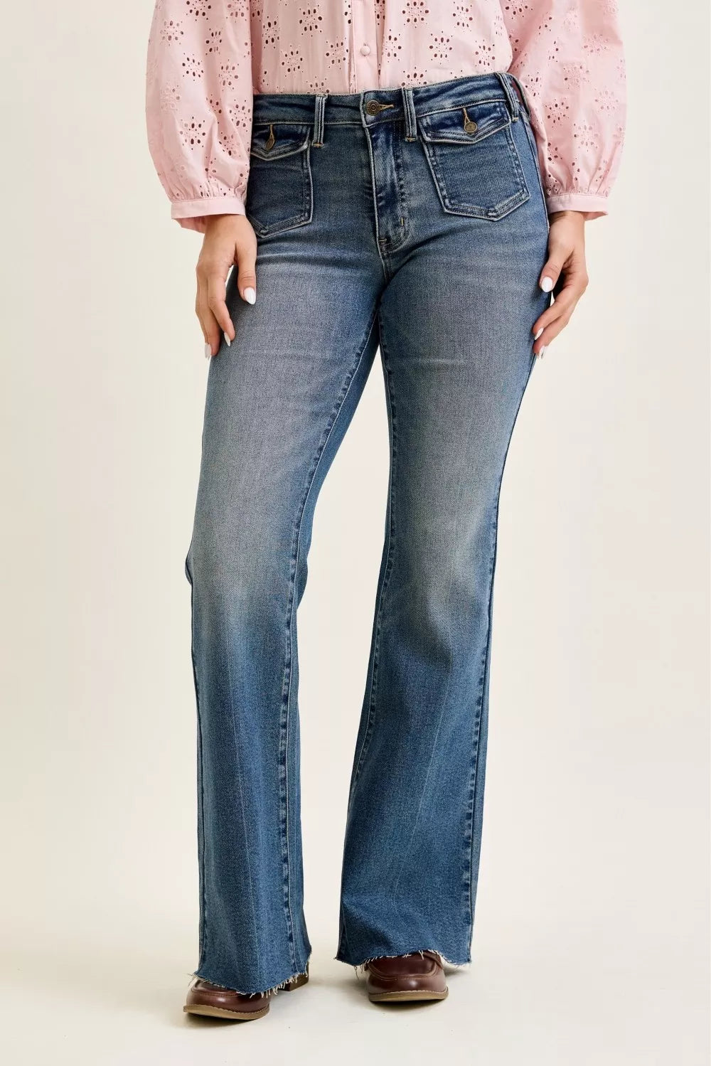 Judy Blue Mid Rise Flare Jeans with Front Flap Pockets - FELLAURA