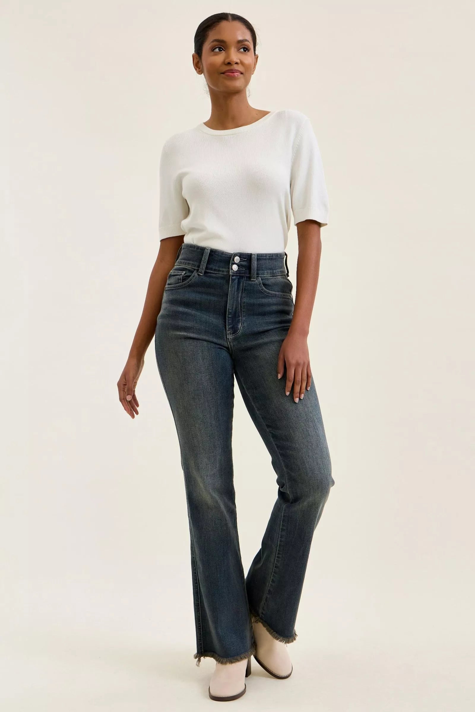 Judy Blue High Waist Double Button Frayed Hem Jeans - FELLAURA