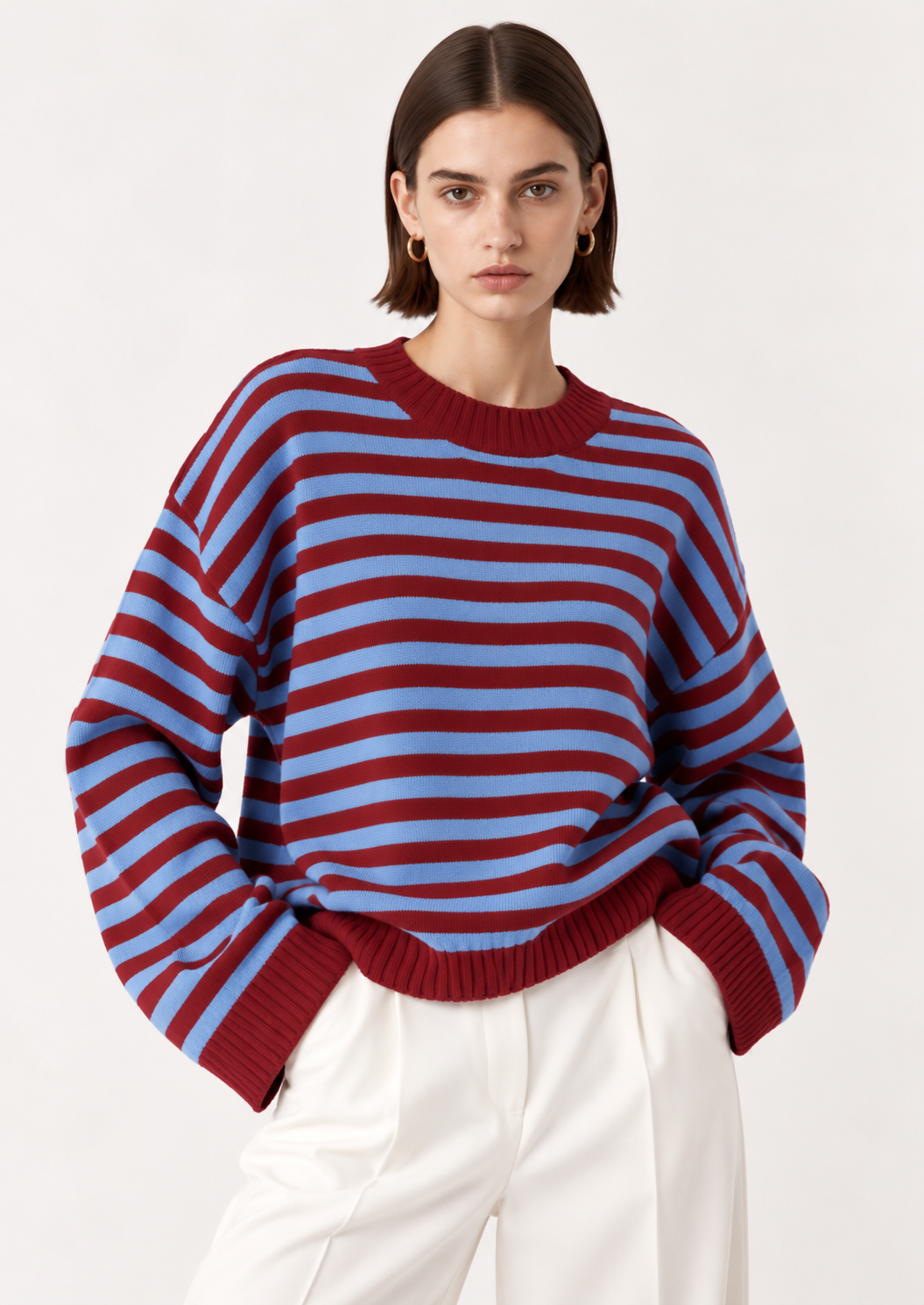 Ribbed Striped Dropped Shoulder Sweater - FELLAURA