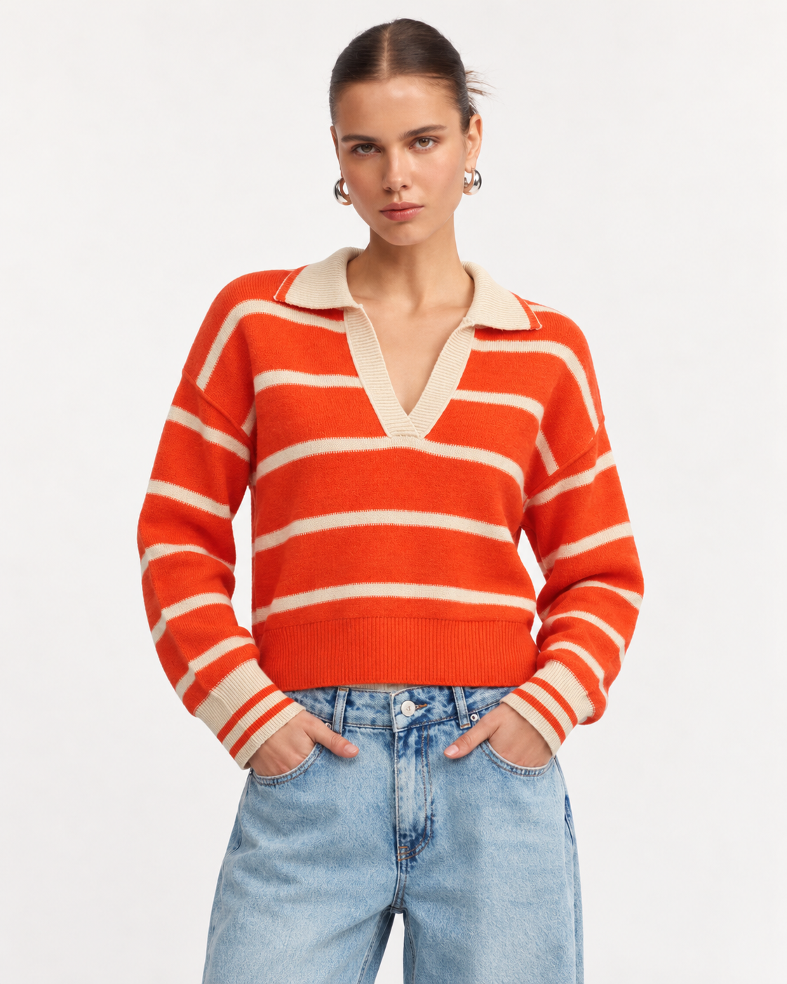 Striped Johnny Collar Dropped Shoulder Sweater - FELLAURA
