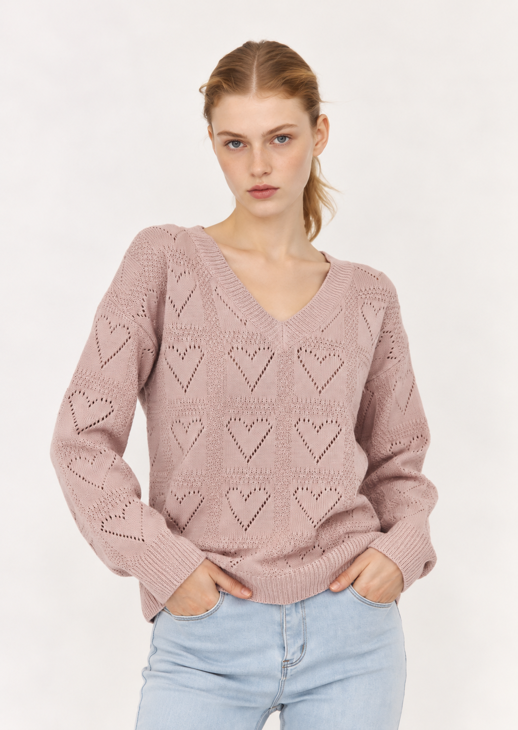 Openwork V-Neck Long Sleeve Knit Sweater - FELLAURA