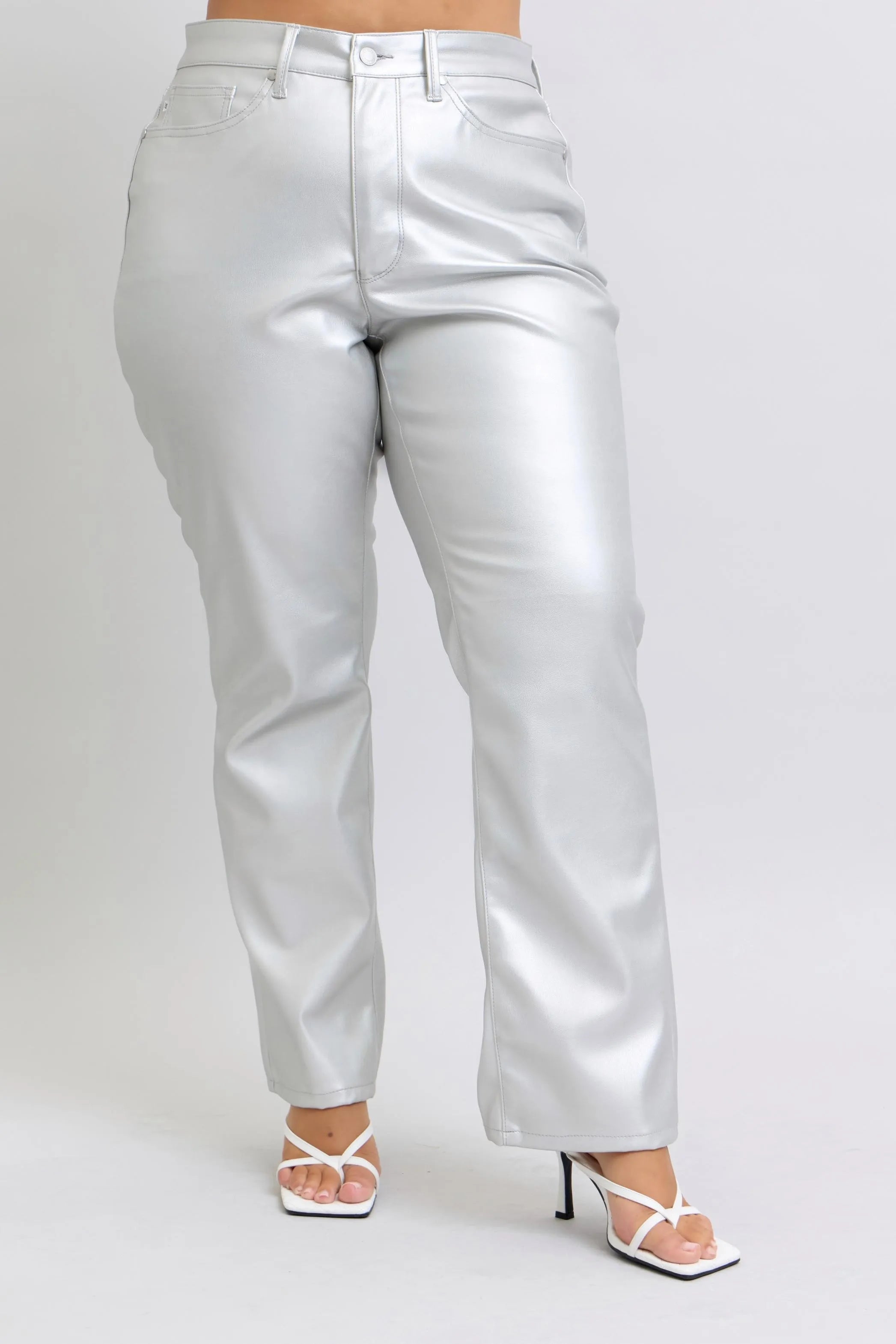 Judy Blue Full Size High Waist Silver Faux Leather Pants Plus Size - FELLAURA