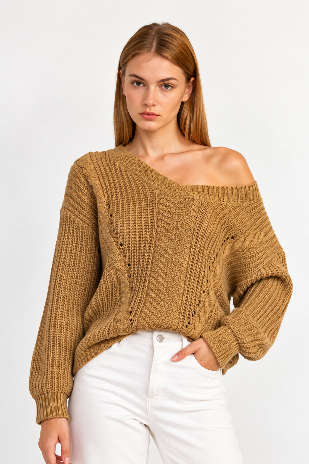 Classic Cable-Knit V-Neck Sweater - FELLAURA
