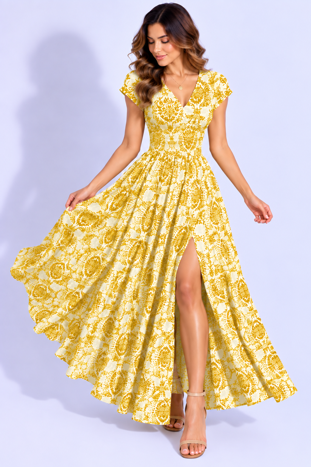 Printed Cap Sleeve Maxi Dress
